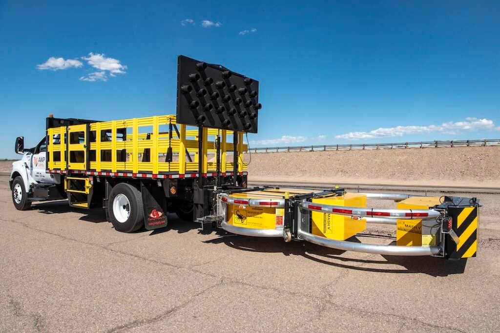 Roadside Protection How Truck Mounted Attenuators Save Lives Verdegro TMA, Western Highways Traffic Safety, MASH crash attenuator, truck mounted attenuator, work zone safety truck, California TMA requirements
