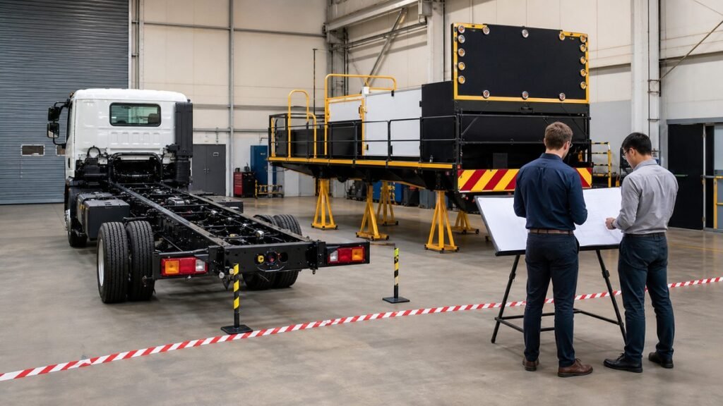 Truck chassis and uninstalled traffic control body under compatibility review in a commercial workshop