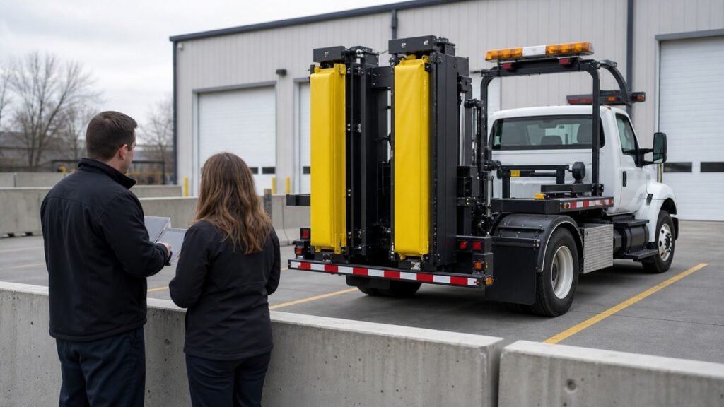 Service advisor and fleet manager reviewing a TMA truck repair intake in a secure yard