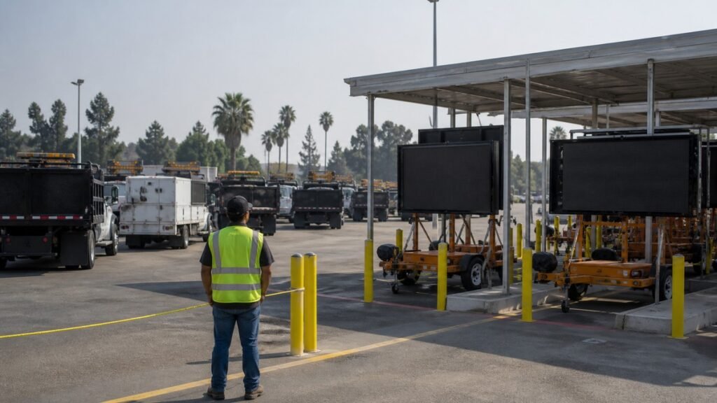 Supervisor inspecting parked traffic safety fleet equipment in a hazy West Coast yard